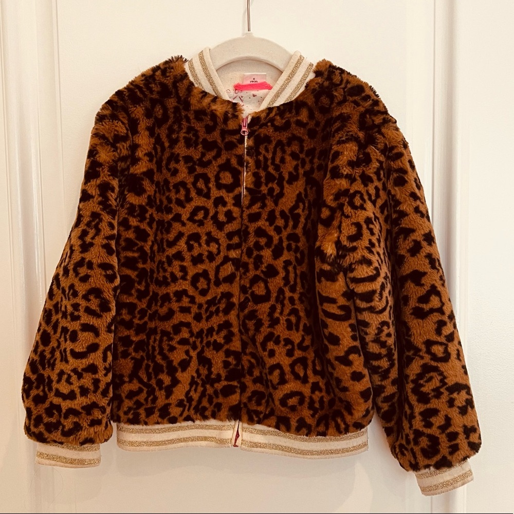 Girls faux leopard fur bomber jacket - size 6